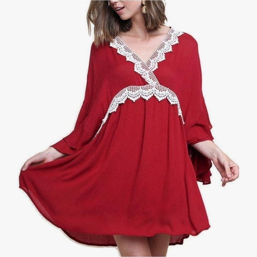 Umgee Red Layered Ruffle Bell Sleeve Crochet Mini Dress